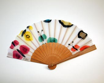 Handpainted Silk hand fan-Wedding hand fan-Abanico-Fan with butterflies-Giveaways-Bridesmaids-Spanish hand fan-14x7.5inches (35 cmx19 cm)