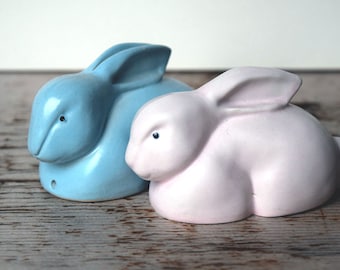 Vintage Pentik Murrr Murrr bunny rabbits, light pink and baby blue, made in Finland in the 1980's