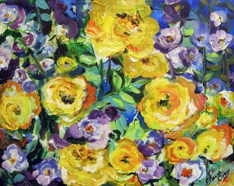 Yellow Roses Original landscape painting 16 x 20 Art by Elaine Cory