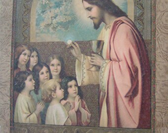 20s Lithography HOLY COMMUNION Religious Print Framed Remembrance Of First Holy Communion Christian Catholic