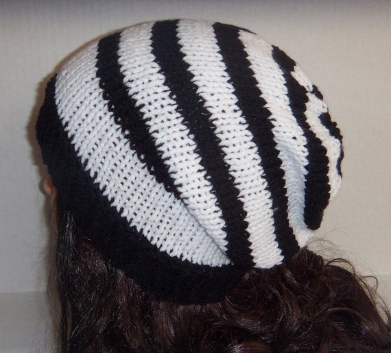 Black and White Striped Beanie Knitted Stripe Hat Slouchy