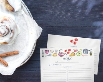 Watercolor Recipe Cards - Set of 15, 30, or 50 - Culinary Theme - Watercolor Illustrations - 4x6 - High Quality Linen Cardstock - Gift