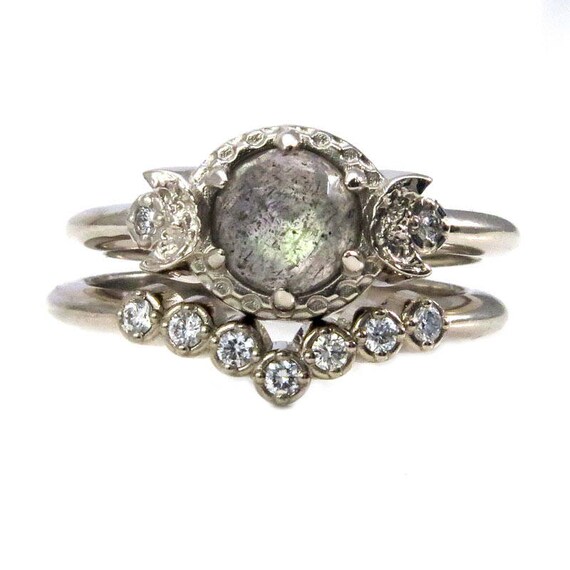 Rose Cut Labradorite and Diamond Moon Engagement Ring Set - 14k Gold Bohemian Wedding Rings