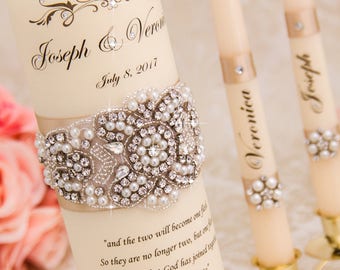 Pearl Wedding Unity Candle Set, Champagne Wedding Candles Set, Champagne Unity Candle Set, Personalized Wedding Candle Set