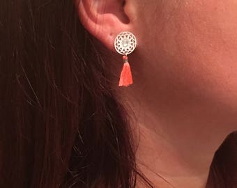 Print in silver and coral tassel earrings