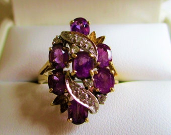 Vintage 10K Yellow Gold Amethyst And Diamond Cluster Ring Stunning!!!
