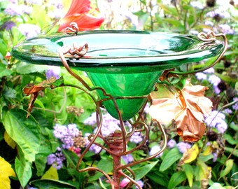Garden DRAGONFLIES Feeder, BIRDS and BUTTERFLIES, Stained Glass, Green, Copper Art, Garden Gift, Outdoor