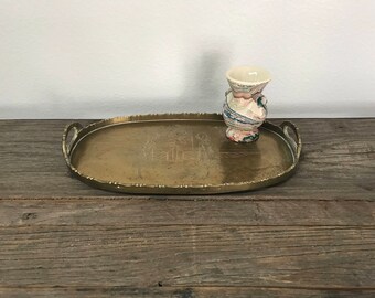Vintage small oval etched chinoiserie brass tray with handles