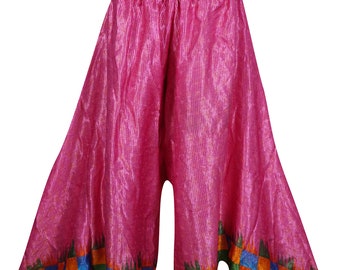 Womens Vintage Upcycled Silk Sari Divided Long Skirt PINK Split Maxi Skirt Smocked High Waist Flare Wide Leg Pant S/M