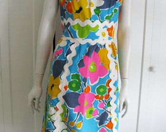 Vintage 60's Mod Bright Floral Sleeveless Cotton Dress - Toby Tanner by Marjorie Scott - Sz Medium