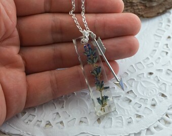 Long necklace Real flower pendant Silver arrow necklace Charm neclace Lavender Gift|For|Girlfriend Boho necklace Resin jewelry Gift for mom