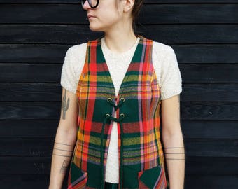 Vintage 1960's Mod Tartan Plaid Vest | Front Tie Closure | Patch Pockets | Fitted | 1960's Fashion | Bold Colors | Union Made