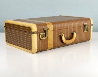 Vintage Striped Tweed Suitcase, Old Suit Case, Vintage Travel, Photo Prop, Vintage Luggage, Stage Props