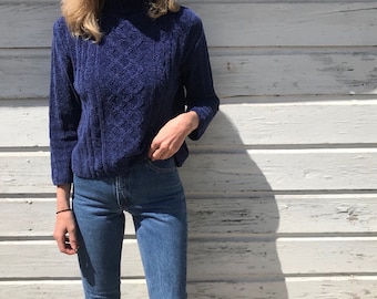 Vintage 90s Blue Chenille Mock Neck Semi-Cropped Pullover Sweater by Erika