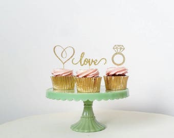 Set of 12 Engagement cupcake toppers, heart, love, diamond ring, bridal shower, engagement party, anniversary, wedding