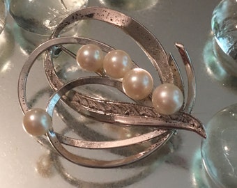 Mid Century Modern Pearl Brooch Sterling Silver