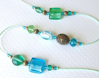 SALE! Beaded Wind Chime. Garden Chime. Foil-Lined Glass Beads. Mint Green. Aqua. Coastal Colors. Fleur-de-Lis. Antiqued Gold. Brass Bell