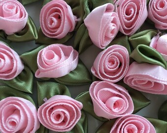 Pink Ribbon Roses, 2 Dozen (24) Handmade 12mm (1/2") Ribbon Roses in Ballerina Pink