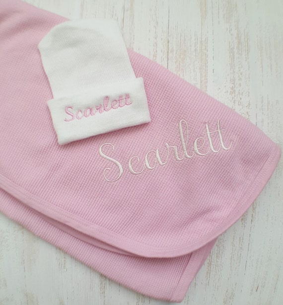 Personalized baby girl blanket and hospital hat baby girl