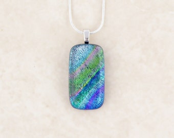 Fused glass dichroic pendant, blue green glass pendant, striped pendant, blue dichroic necklace,
