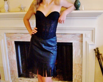 Fringe skirt, Black Leather skirt, Black fringe leather, leather skirt XS