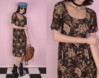 90s Floral Print Dress/ Medium/ 1990s/ Short Sleeve