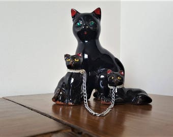 Vintage Japanese Black Cat with Kittens Figurine
