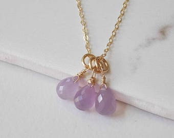 Triple Lavender Chalcedony Gemstones and Gold Fill Necklace. Wedding, Lavender, Gemstone Jewelry