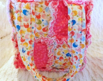 Butterflies Rag Quilt Tote for Girl - Pink - Handmade - Girl Handbag - Girl Tote - Child Rag Purse