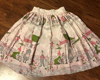 50s Novelty Border Scenic Print Skirt Vintage Cotton Pink Train XS Petite
