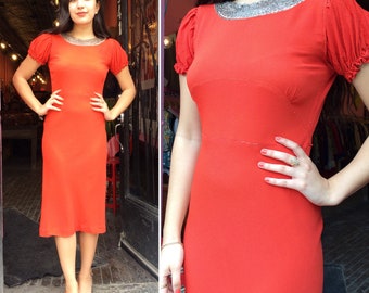 Vintage 1930s Orange-Red Crepe Dress with Beaded Neckline