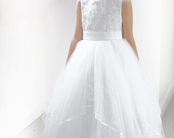Embroidered Lace-Halter neck Girls communion Dress - Diamond white Charlie