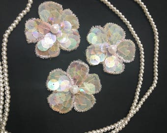 3 Beaded Sequins FLOWERS Applique in L,PINK
