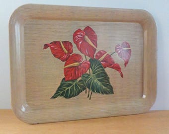Vintage Metal Anthurium Tray • Large Metal Serving Tray • Mid Century Blond Faux Bois and Floral