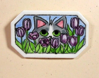 Cat In Tulips Clay Pin Handmade by Grace M Smith Earthenware Ceramic