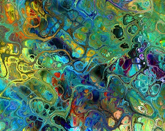 Artist Created Satin Fabric Fiber Art Marble Fabric Abstract Blue Green Rich Fashion