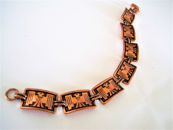 Copper Bracelet, Thunderbird Native American, Copper Links, Mid Century Geometric -