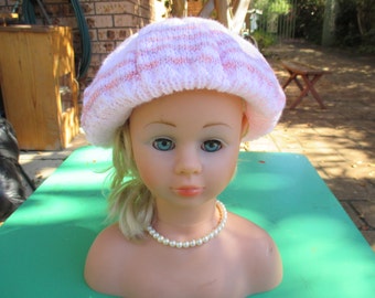 Handmade Knitted Pale Pink Striped Beret for a Girl Aged 8 - 12 years