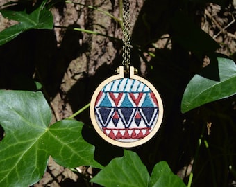 Aztec Necklace, Geometric Necklace, Mini Embroidery Hoop Necklace, Statement Jewellery, Fabric Necklace, Embroidered Jewellery