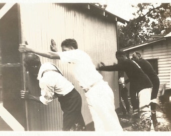 Vintage Snapshot "Raising The Barn" House Building Repair Construction Found Vernacular Photo