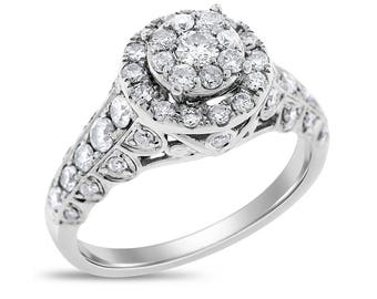 1.00 Ct. Natural Diamond Vintage Style Illusion Halo Ring In Solid 14k White Gold