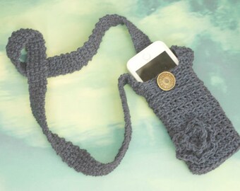 Crochet Phone Case with Strap, Cotton Phone Case, Choose Color, Flower Custom Phone Carrying Case, Stocking Stuffer,