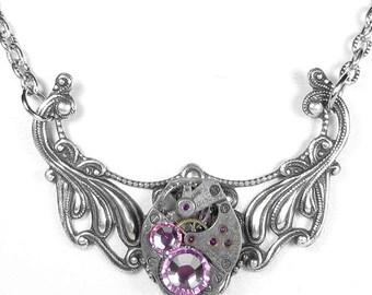 Steampunk Jewelry Necklace Vintage Watch Silver Filigree PINK Rose Crystals Holiday Gift For Her, Christmas - Jewelry by Steampunk Boutique