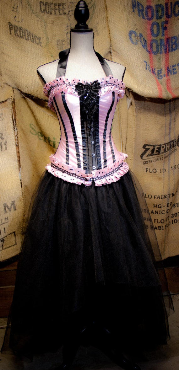 Gothic Steampunk Corset dress pink & Black tulle skirt prom