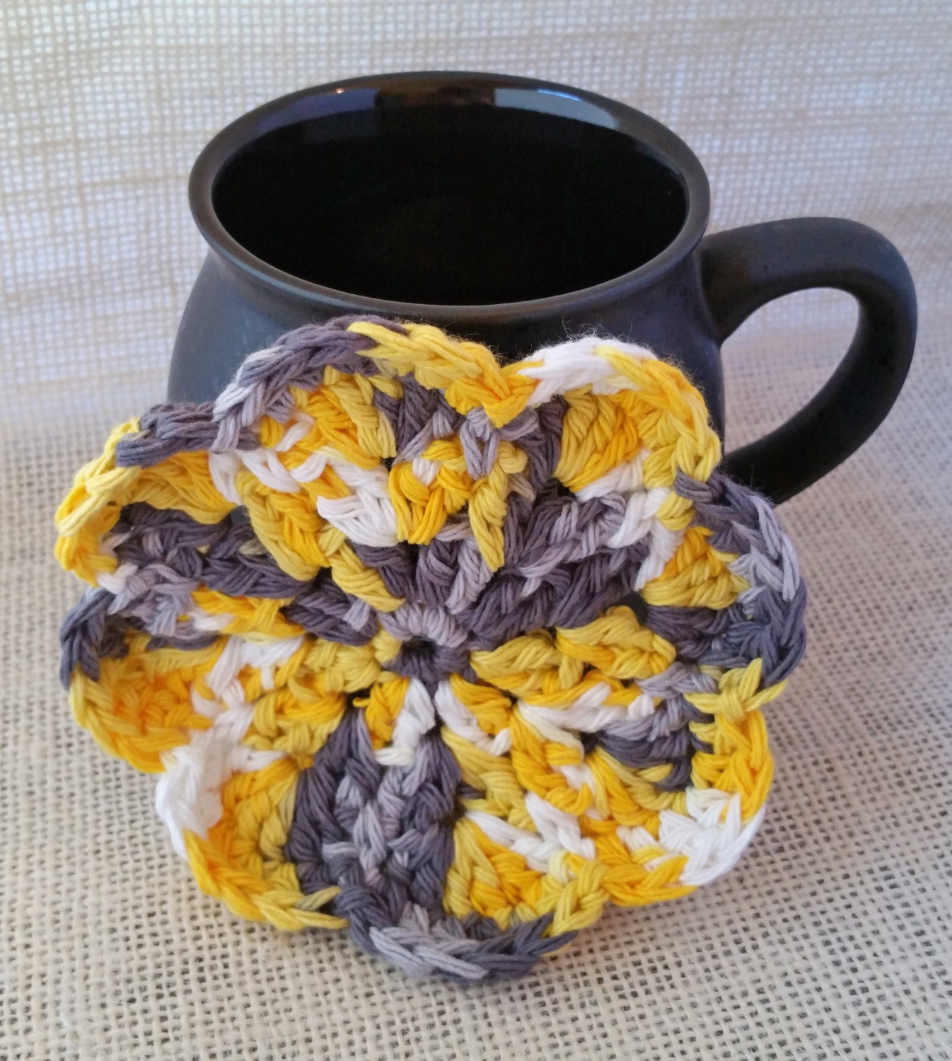 Crochet Coasters Yellow Gray White Flower Shaped Coasters