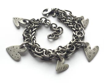 Sterling Silver Hand Cut Heart Charm Bracelet Vintage Multichain Recycled Silver Adjustable Wheat Oblong Cable Chain