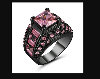 womens size 7 princess cut pink sapphire black rhodium plated ring engagement ring wedding ring fashion ring promise ring