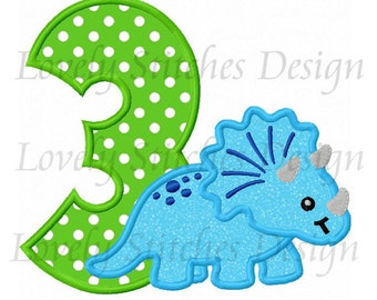Dinosaur With Number 3 Applique Machine Embroidery Design NO:0491
