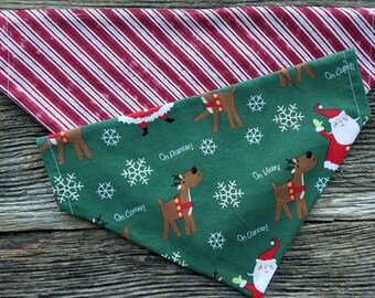 Christmas Dog bandana santa, rudolph and stripes reversible over the collar