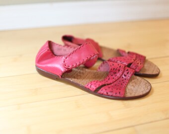 vintage woven strappy red / pink leather hurache sandals womens 9 *